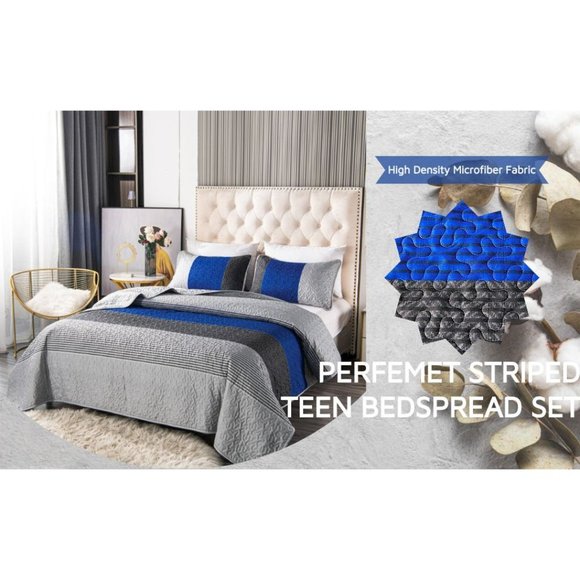 New 3 Pieces Blue Striped Alternative  Quilted Bedding Set,1 Quilt + 2 P… - Picture 12 of 12